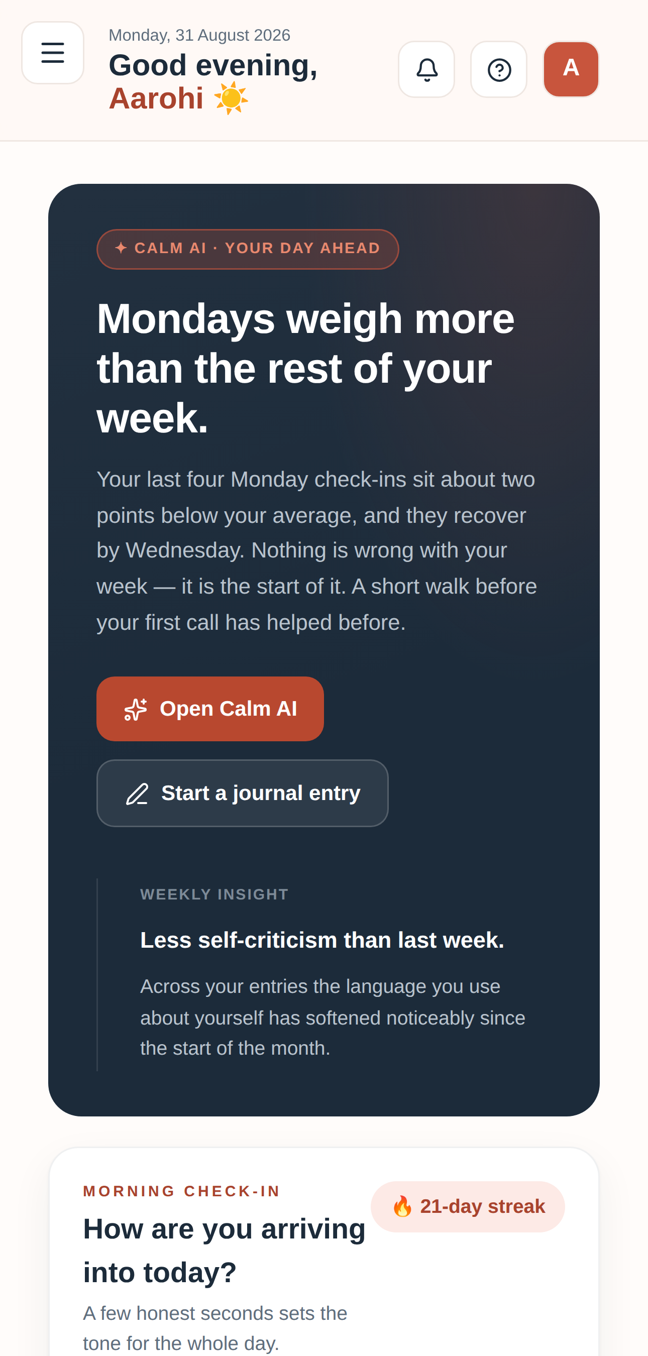 The getCalmly app, home screen